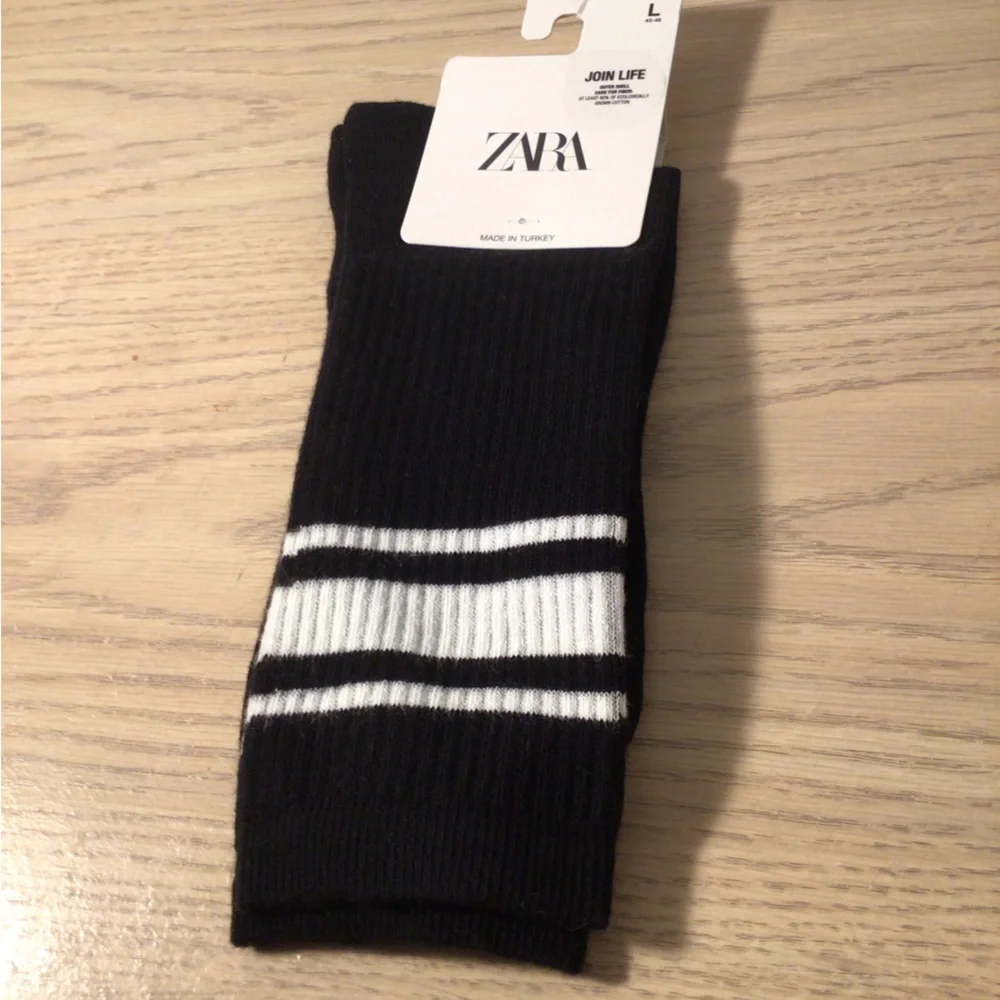 Zara Black Crew Socks with White Stripes
